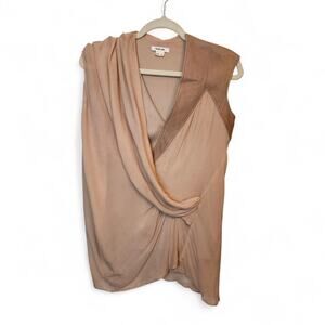 Helmut Lang Womens Tan Taupe Luxury Goat Leather Trim Sleeveless Blouse Top Sz S